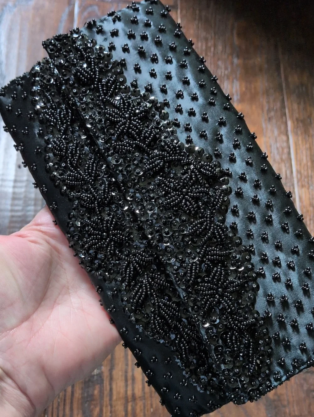 VINTAGE Black Beaded Satin Fold-Over Clutch Purse by Grande Maison Blanche